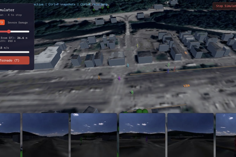 Tornado simulation in progress with agent markers and per-agent POV strip